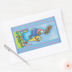 EENVOUDIGERE BUNNY RIDING CUTE CHICK IN BLAUWE EGG RECHTHOEKIGE STICKER