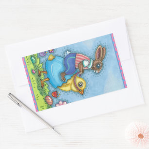 EENVOUDIGERE BUNNY RIDING CUTE CHICK IN BLAUWE EGG RECHTHOEKIGE STICKER