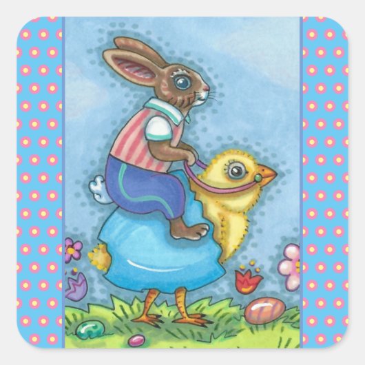 EENVOUDIGERE BUNNY RIDING CUTE CHICK IN BLAUWE EGG VIERKANTE STICKER (Voorkant)
