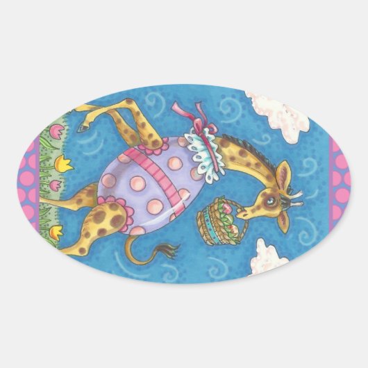 EENVOUDIGERE EGG-GIRAFFE EN TULIPS, SPRINGSTICKERS OVALE STICKER (Voorkant)
