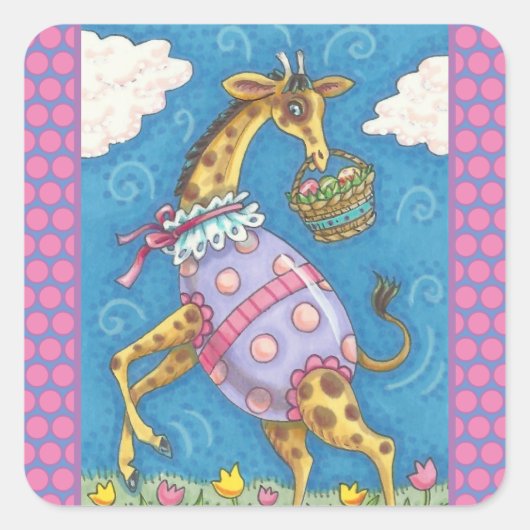 EENVOUDIGERE EGG-GIRAFFE EN TULIPS, SPRINGSTICKERS VIERKANTE STICKER (Voorkant)