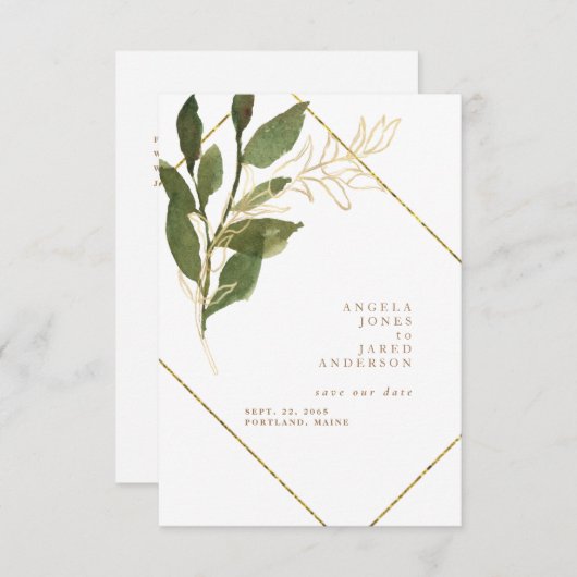 Eenvoudigheids Botanisch Goud & Wit sparen de Datu Save The Date (Voorkant / Achterkant)