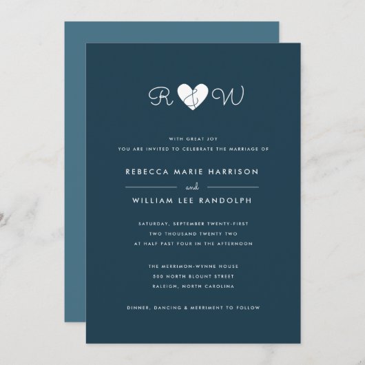 Eenvoudigheidshalve donkerblauwe bruiloft kaart (Voorkant / Achterkant)