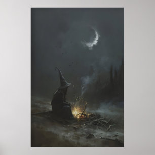 Eenzame Alchemist Heks bij Nacht, Donkere Fantasy Poster
