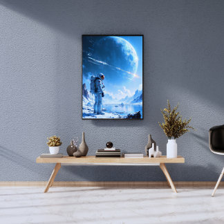 Eenzame astronaut bij bevroren buitenaardse oceano perfect poster