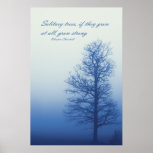 Eenzame bomen groeien sterk - Silhouette in mist Poster