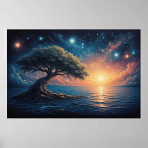 Eenzame Boom aan de Oceaan bij Zonsondergang 🌅 St Poster