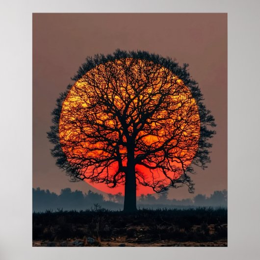 Eenzame Boom bij Zonsondergang Poster (Voorkant)