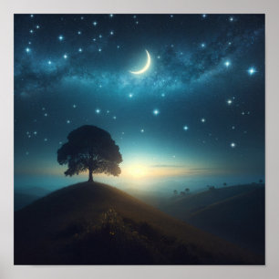 eenzame boom onder de Sterrennacht Poster