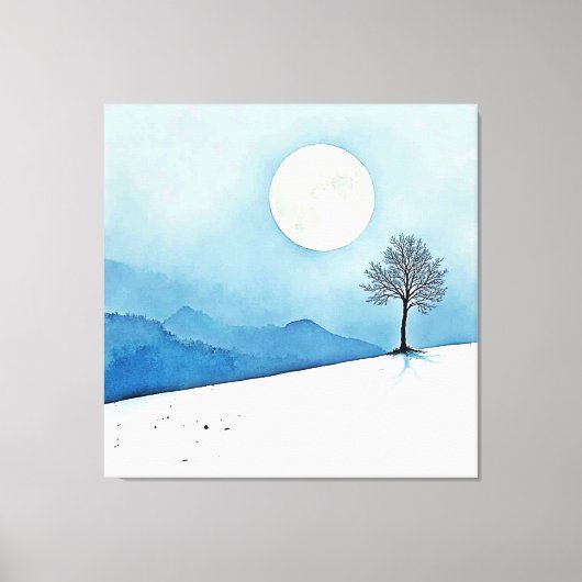 Eenzame Boom: Serene Volle Maan Stilte Kunst Canvas Afdruk (Voorkant)