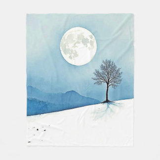 Eenzame Boom: Serene Volle Maan Stilte Kunst Fleece Deken