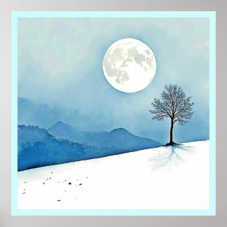 Eenzame Boom: Serene Volle Maan Stilte Kunst Poster