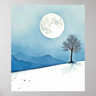 Eenzame Boom: Serene Volle Maan Stilte Kunst Poster