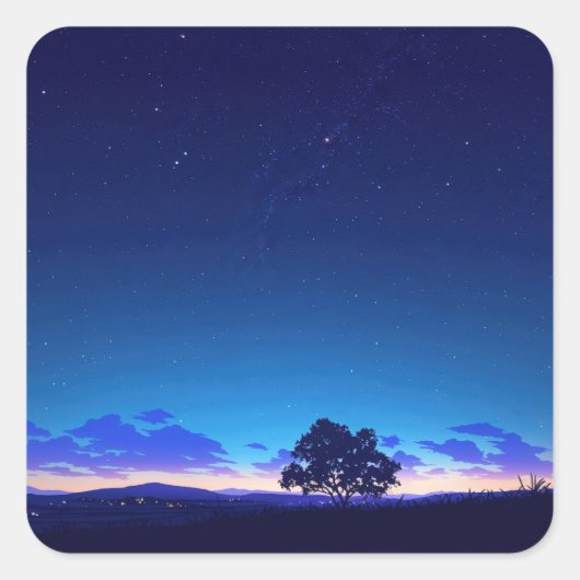 Eenzame boom silhouet onder sterrenhemel vierkante sticker (Voorkant)