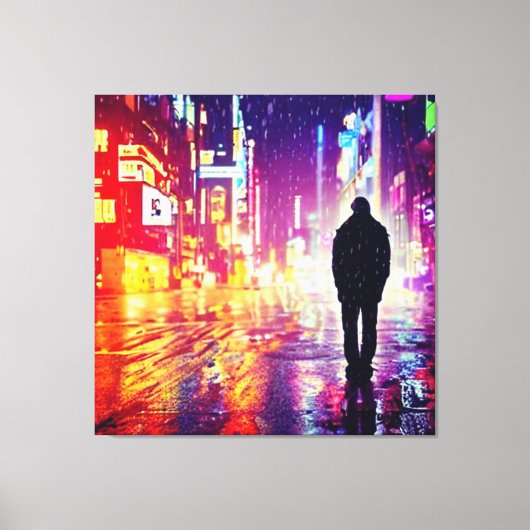 Eenzame cyberpunk in de regen canvas print (Voorkant)