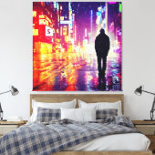 Eenzame cyberpunk in de regen canvas print (Insitu (Slaapkamer))