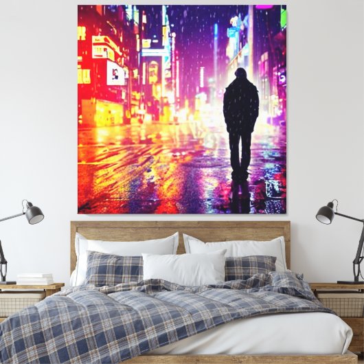 Eenzame cyberpunk in de regen canvas print (Insitu (Slaapkamer))