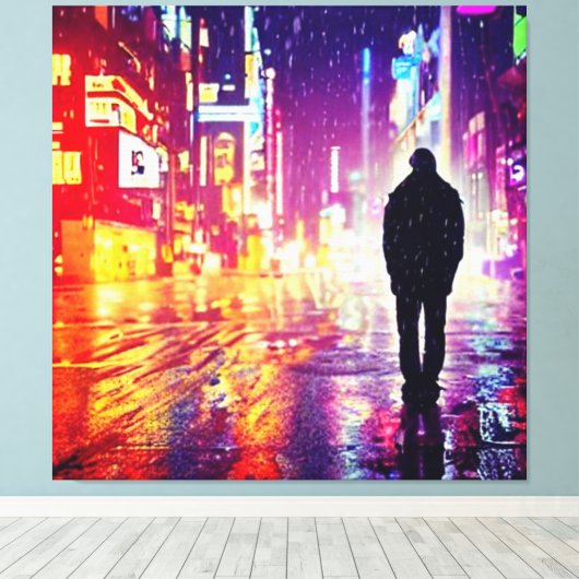 Eenzame cyberpunk in de regen canvas print (Insitu (Houten vloer))