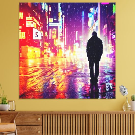 Eenzame cyberpunk in de regen canvas print (Insitu (Woonkamer))
