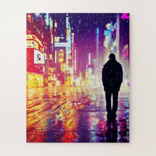 Eenzame cyberpunk in de regenpuzzel legpuzzel