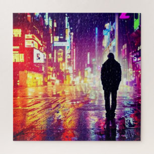 Eenzame cyberpunk in de regenpuzzel legpuzzel