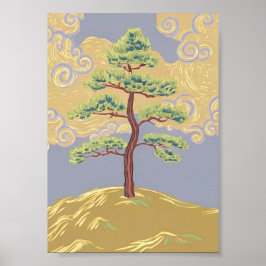 Eenzame dennenboom op nevelige heuvelhelling kunst poster