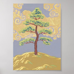 Eenzame dennenboom op nevelige heuvelhelling kunst poster