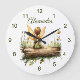 Eenzame fee Zittend op een Log Grote Klok