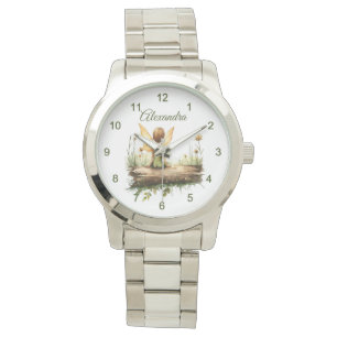 Eenzame fee Zittend op een Log Horloge