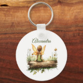 Eenzame fee Zittend op een Log Sleutelhanger (Voorkant)