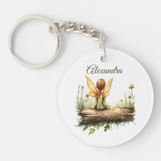 Eenzame fee Zittend op een Log Sleutelhanger (Voorkant)
