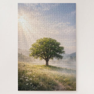 Eenzame groene boom met zonnestralen legpuzzel