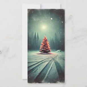 Eenzame helder kerstboom donkere winter Nacht Feestdagenkaart