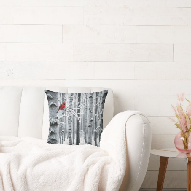 Eenzame kardinaal in een berkenbos kussen (Bank)