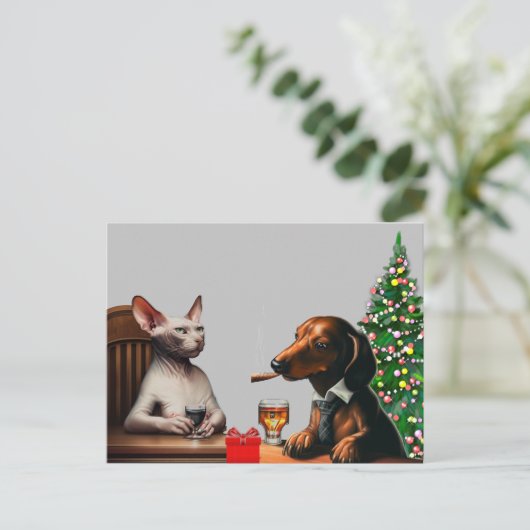 Eenzame kersthond en kat briefkaart (Staand voorkant)