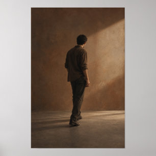 Eenzame man in warm zonovergoten interieur figurat poster
