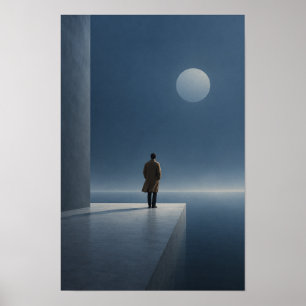 Eenzame man onder volle maan Minimalistische blauw Poster