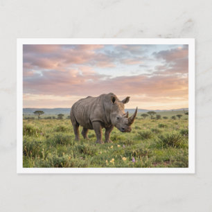 Eenzame Neushoorn In Savanne Bij Zonsondergang Fot Briefkaart