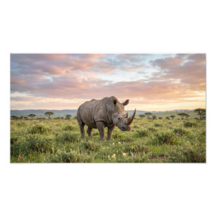 Eenzame Neushoorn In Savanne Bij Zonsondergang Fot Foto Afdruk