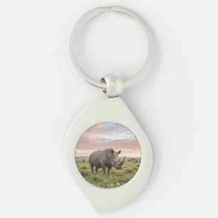 Eenzame Neushoorn In Savanne Bij Zonsondergang Fot Sleutelhanger