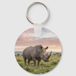 Eenzame Neushoorn In Savanne Bij Zonsondergang Fot Sleutelhanger