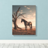 Eenzame Paard Woestijn Boom Zonsondergang Kunst Canvas Afdruk (Insitu (Houten vloer))