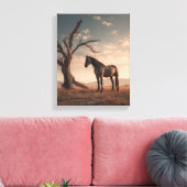 Eenzame Paard Woestijn Boom Zonsondergang Kunst Canvas Afdruk (Insitu (Woonkamer))