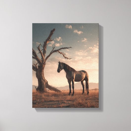 Eenzame Paard Woestijn Boom Zonsondergang Kunst Canvas Afdruk (Voorkant)