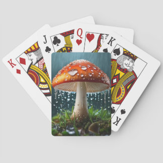 Eenzame paddestoel in hevige regen pokerkaarten