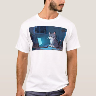 Eenzame Pixelkat met Laptop – Chille Retro Pixel A T-shirt