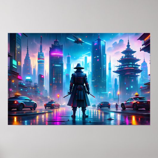 Eenzame samoerai in futuristische stad poster (Voorkant)