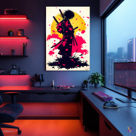 Eenzame Samurai tussen Vallende Sakura Poster