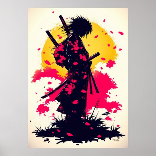 Eenzame Samurai tussen Vallende Sakura Poster (Voorkant)