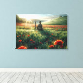 Eenzame soldaat in een rood papaverveld canvas afdruk (Insitu (Houten vloer))